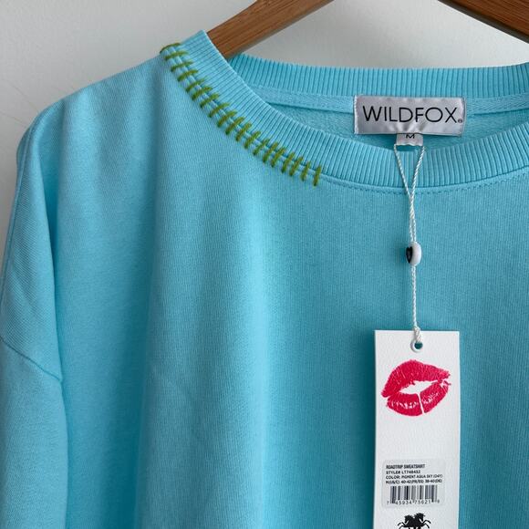 Wildfox Sweatshirt Womens Medium Roadtrip Aqua Sky Blue Oversized Sweater - Picture 3 of 5